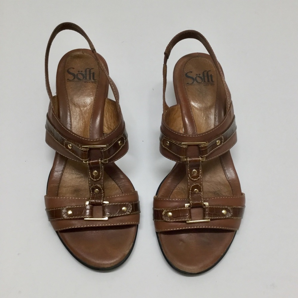 Sofft 7.5 Wedge Strappy Sandals Brown Croc leather